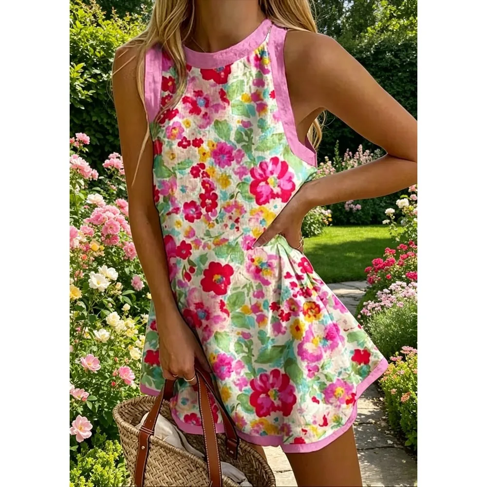 Tropical Hibiscus Floral Flamingo Print Mini Swing Dress XXS-3XL Women's Sleeveless Contrast Trim Loose A-Line Casual Sundress