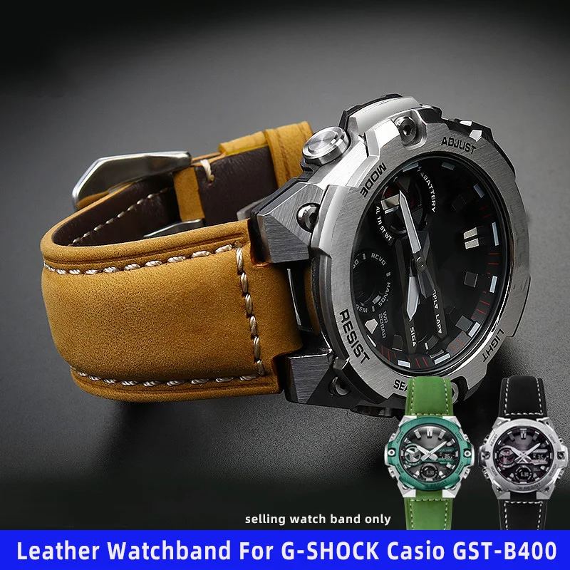 24*16mm Vintage Frosted Leather Watchband for G-SHOCK Casio GST-B400 GST-B200 Series Crazy Horse Skin Retro Watch Bracelet  Stra