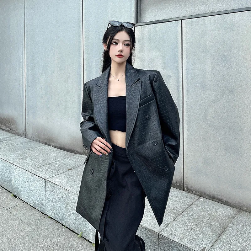 2026 ربيع جديد منتصف طويلة بليزرات سوداء بولي معطف معطف معطف جلد المرأة الكورية فضفاضة لينة فو الجلود أبلى الإناث الدعاوى الجلدية سترة