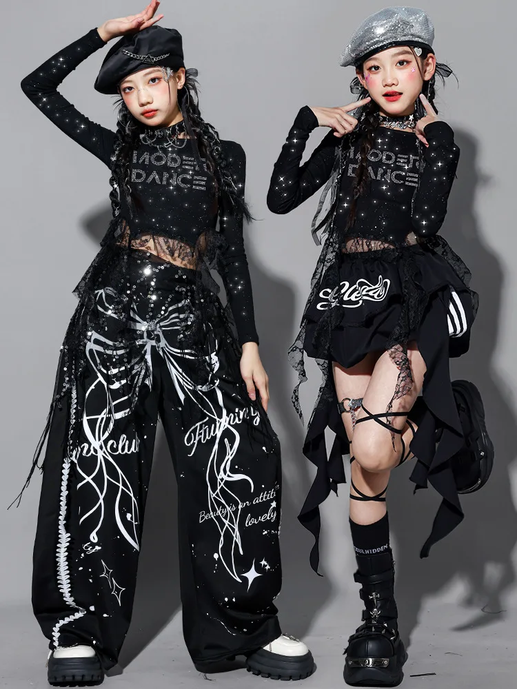Girls Hip Hop Dance Costume Set with Black Diamond Lace Top Bow Pants And Bud Skirt for Kids Streetwear Jazz Group Outfit