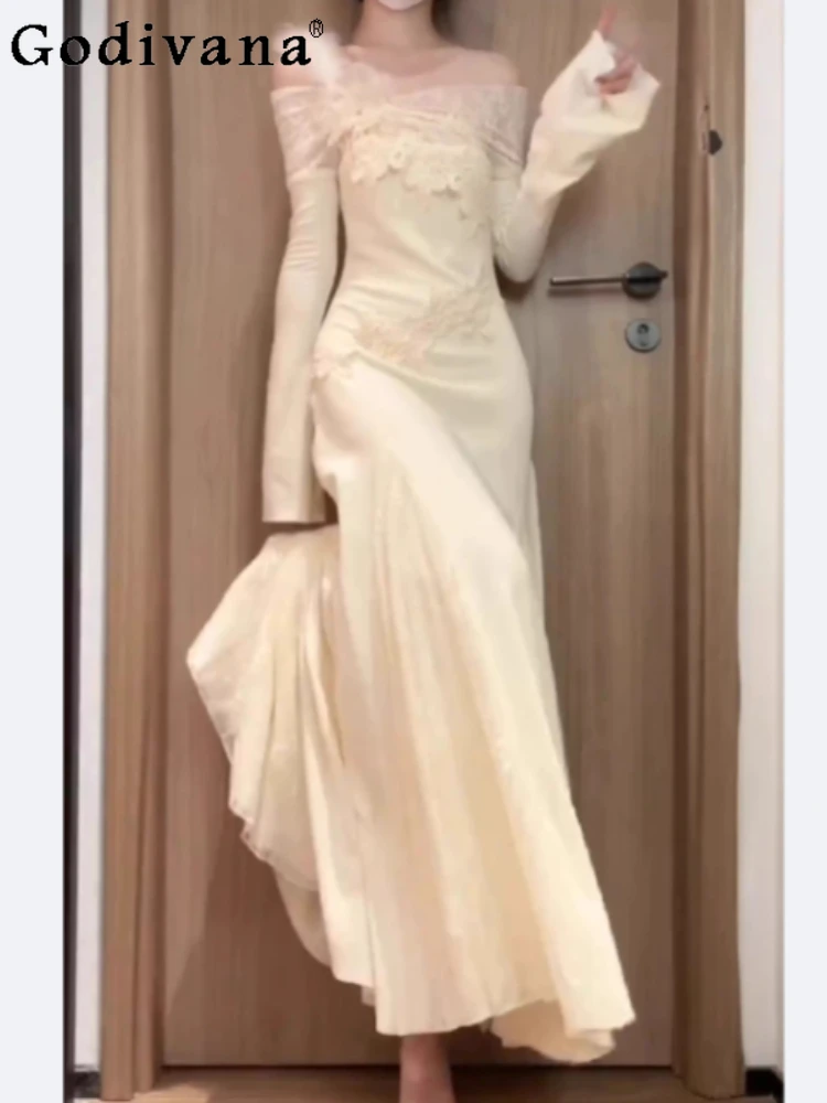 

Spring Autumn Korean Temperament Slash Neck Fashion Fishtail Dress Girls Slim Long Sleeves Versatile Age Reduction Party Dresses