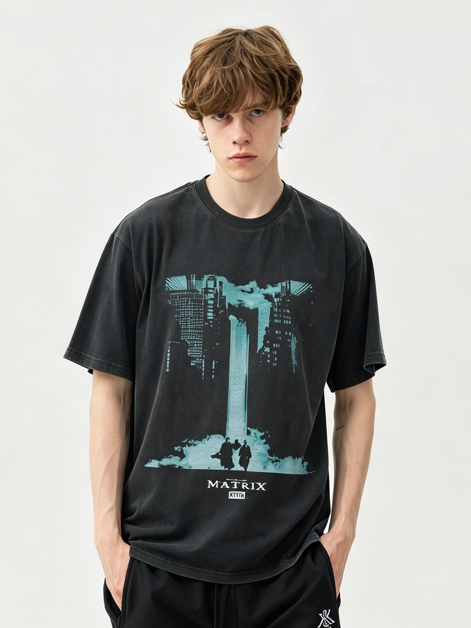 Kith Collaborative the Matrix Poster Vintage Worn-look Cotton Men's Short Sleeve T-shirt Casual Style round Neck Tee