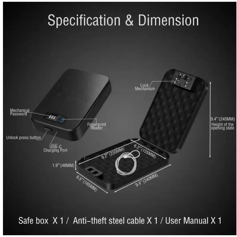 Fingerprint Gun Safes Portable Pistol Safe Box Storage For Weapons Home Car Cash Smart Mini Security Safety Password Gun Safe