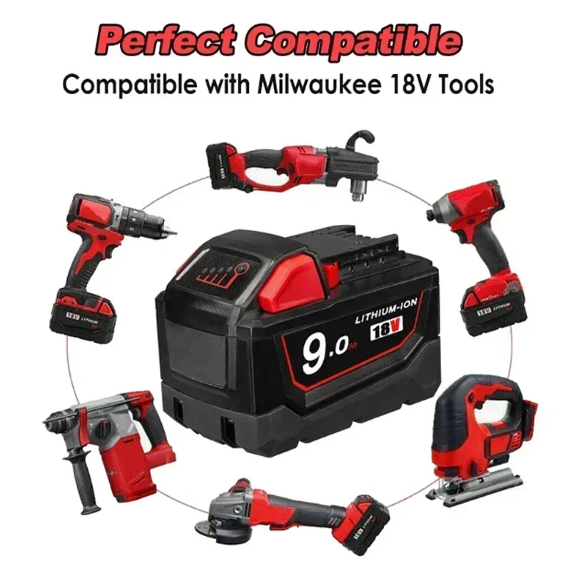 

18V For Milwaukee M18 Battery M18B6 XC 9.0 Ah Li-Ion 48-11-1860 48-11-1852 Or Charger 48-11-1850 48-11-1840 Cordless Power Tools