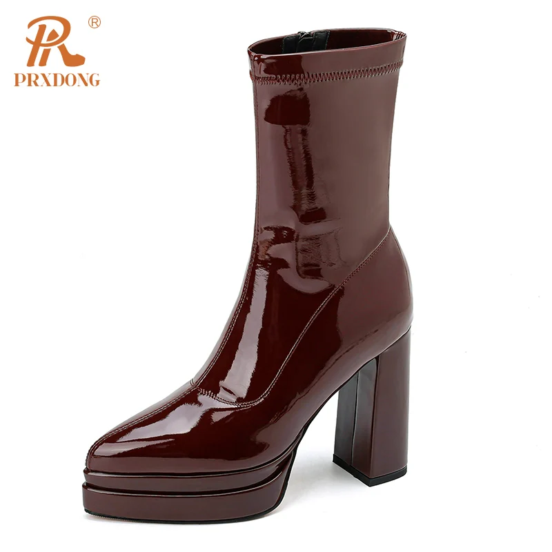 PRXDONG Women\'s Stretch Boots New 2023 Autumn Winter Warm Ankle Boots Square High Heels Platform Black Wine Red Dress Work Shoes