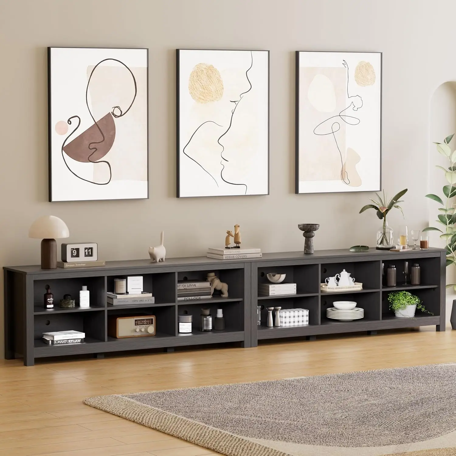 Suporte de TV para TV de 110 polegadas, centro de entretenimento preto para mesa de console de TV de mais de 90 polegadas com armazenamento de 12 cubículos, televisão clássica