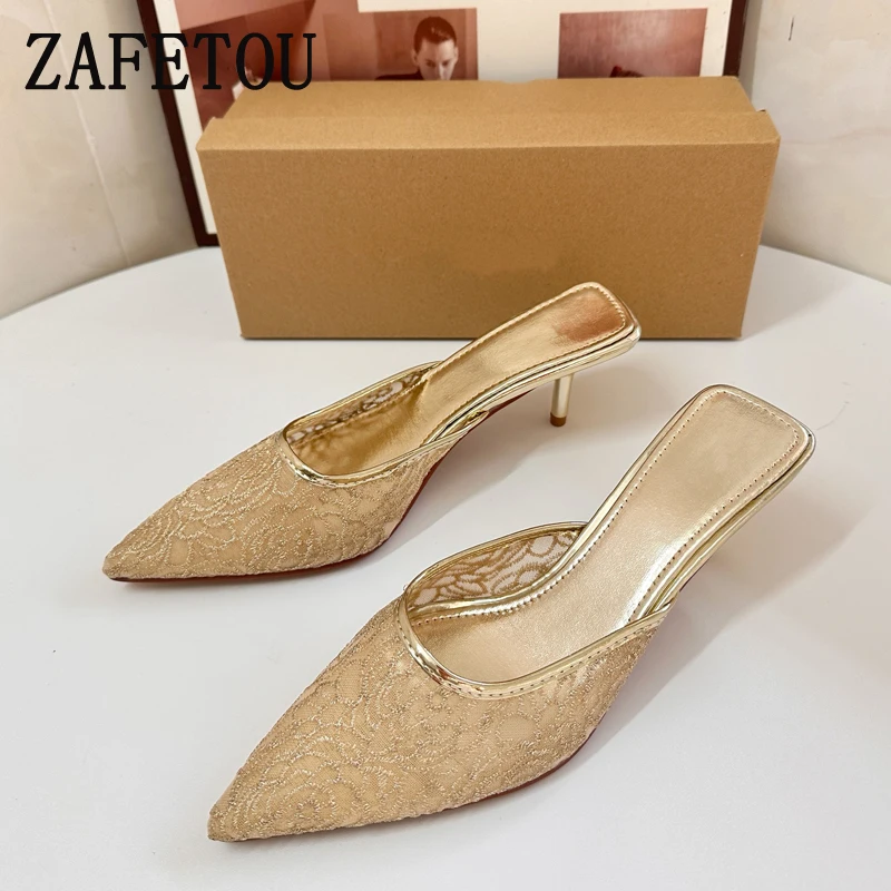 

Zafetou Shoes Women 2024 Trend Winter New Style Mesh Embroidered High Heels Sexy Gold Slingback Banquet Exterior Slippers