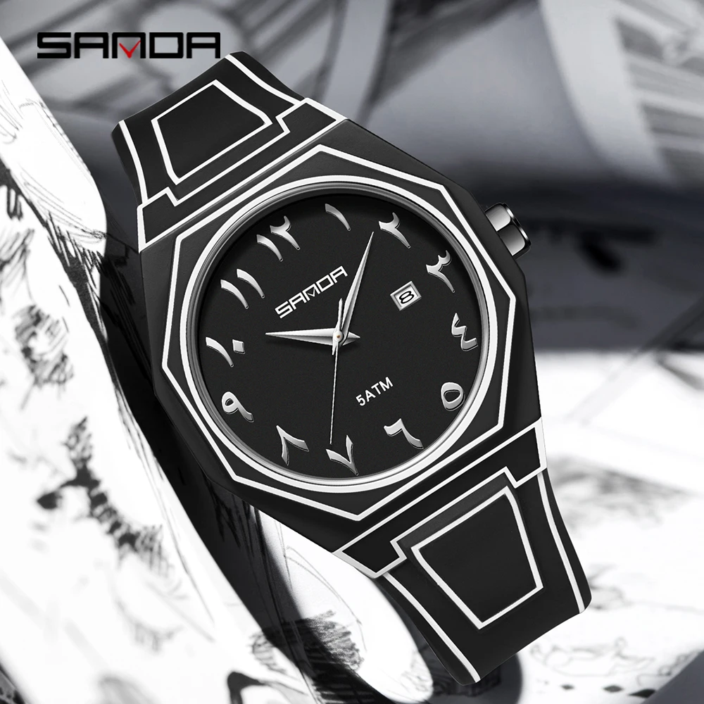 SANDA New 9090 Fashionable Men's Quartz Watch Waterproof Digital Bar Nails Scale Calendar Creative Lines Student Quartz Watch