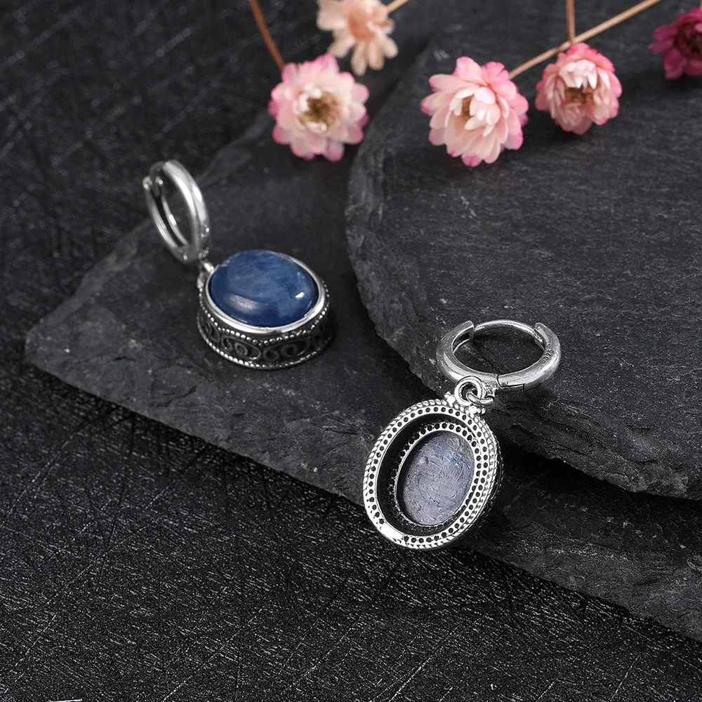 925 Sterling Silver Oval Natural stone Kyanite Labradorite Hoop Earrings Vintage Wedding Party High Jewelry Anniversary Gift