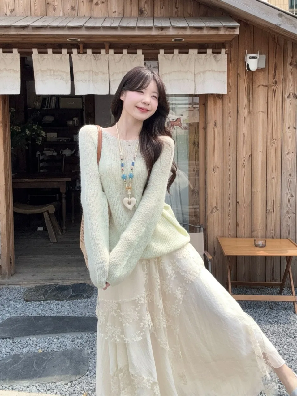 

Mint Green Long Sleeve Knitted Sweater Women's Spring Lace Asymmetrical Design Sensation Skirt Set Casual Style Cotton L...
