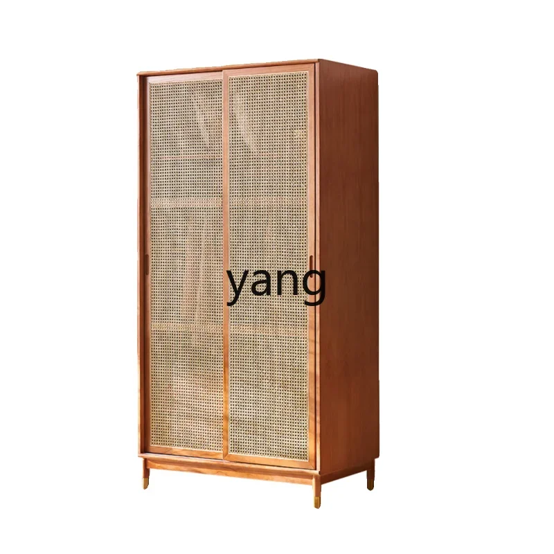 

Yjq Solid Wood Wardrobe Modern Minimalist Rattan Double Door Storage Household Bedroom Log Storage Cabinet