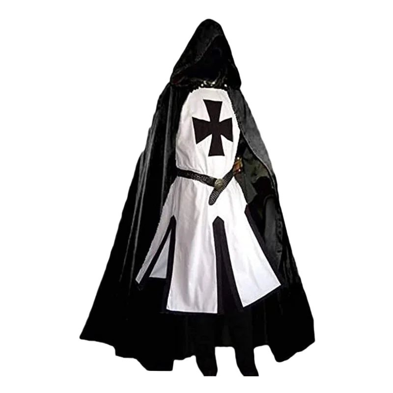 Hommes médiévaux croisés chevaliers templiers tunique Costumes Renaissance Halloween surcoat guerrier noir peste cape Cosplay haut S-3XL