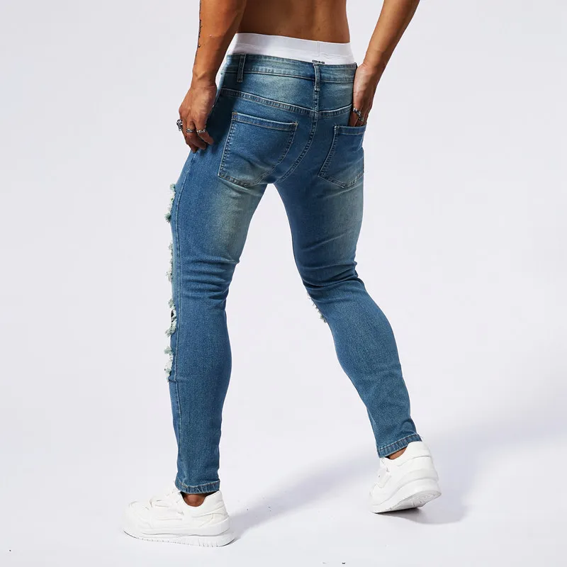 Handsome muscular jeans with men's torn patches and rhinestones design fashionable street elastic slim fit  tight pant