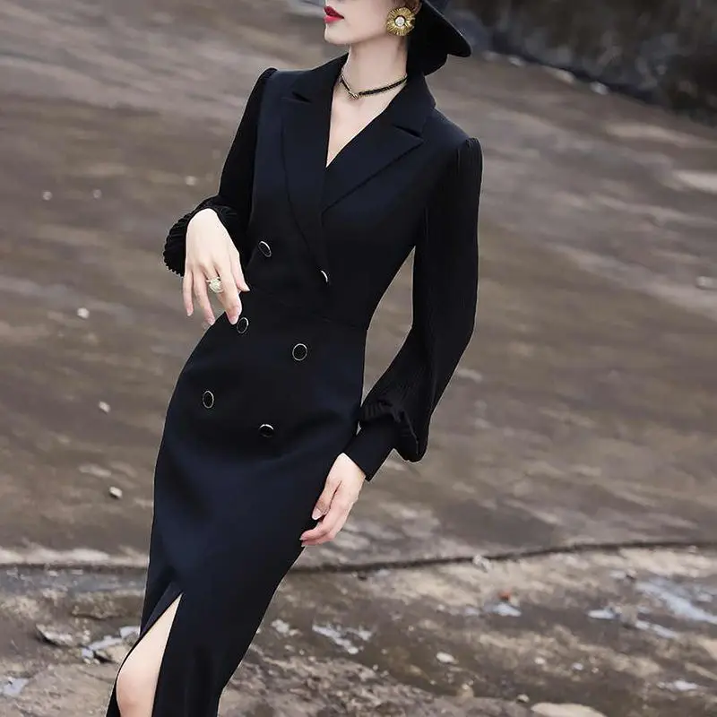 

Office Lady Spring Autumn Graceful Notched Split Suit Dress Women Fashion Joker Puff Sleeve Patchwork Midi Slim Dresses Workwear