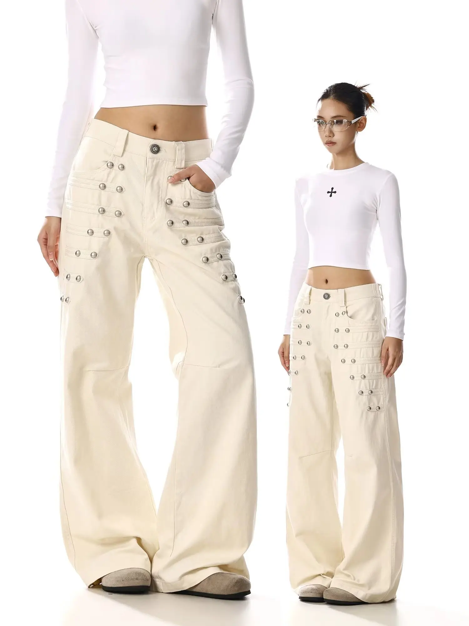 American Retro Metal Buckle Design Jeans for Women Y2K New Gothic Street Loose Wide-Leg Floor Mopping Pants