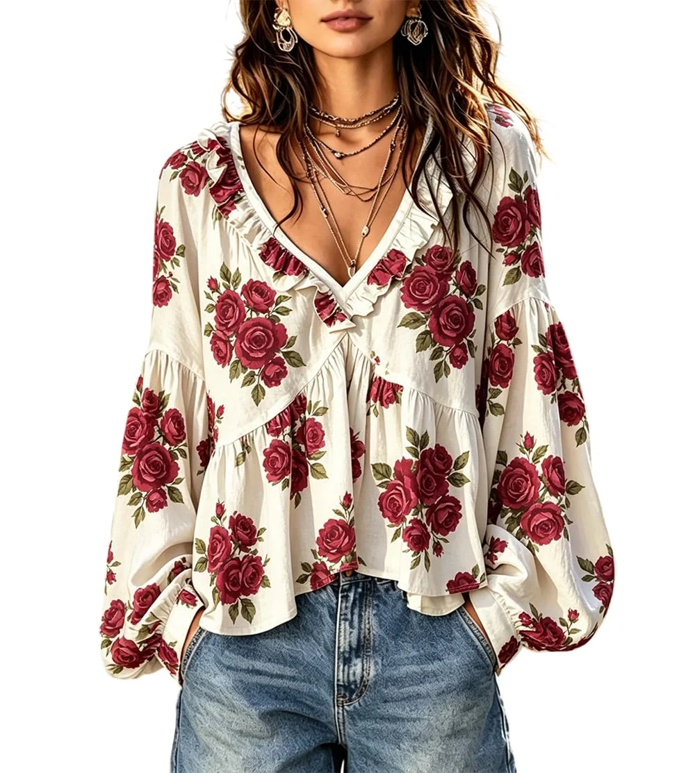 Blusa de outono com decote em V, camisa de manga comprida para mulher, blusa de primavera, peça casual, elegante, moderna, para usar no dia a dia e em