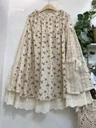 Japanese Lolita Style Cotton Linen Skirt Women Vintage Embroidery Lace Ruffled Kawaii Midi Pleated Skirt New Casual A-line Skirt