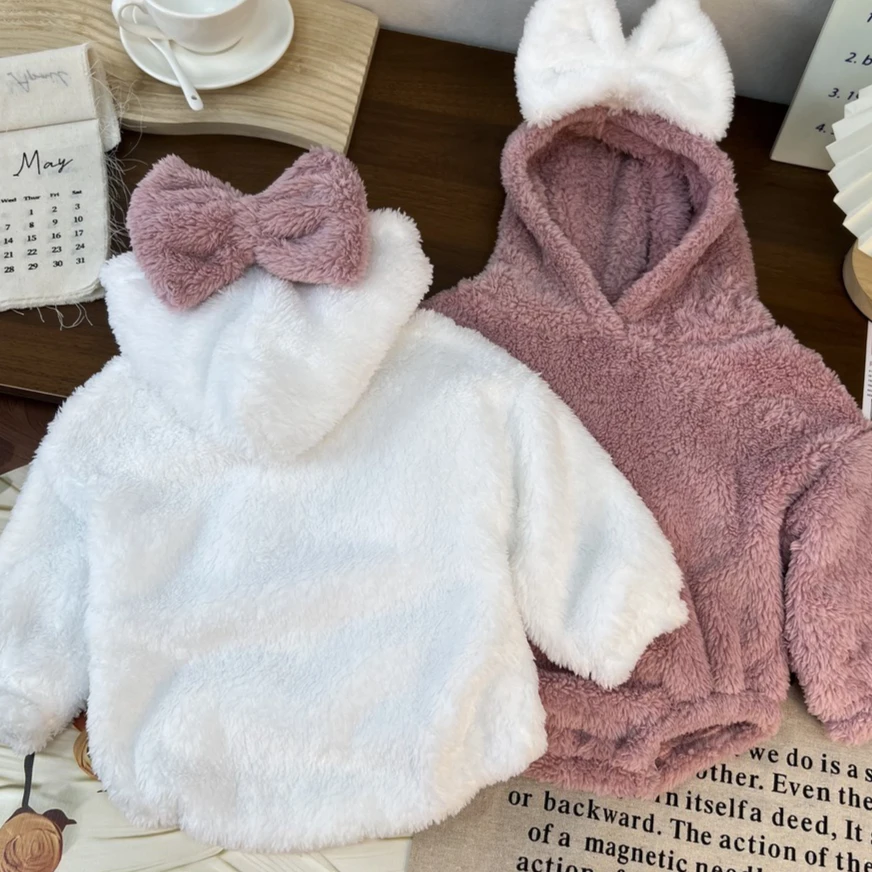 

Onesies 2025 Autumn and Winter New Children's Clothing Korean Style Girl Baby Bow Lamb Wool Fart Coat Leisure Daily Sweet