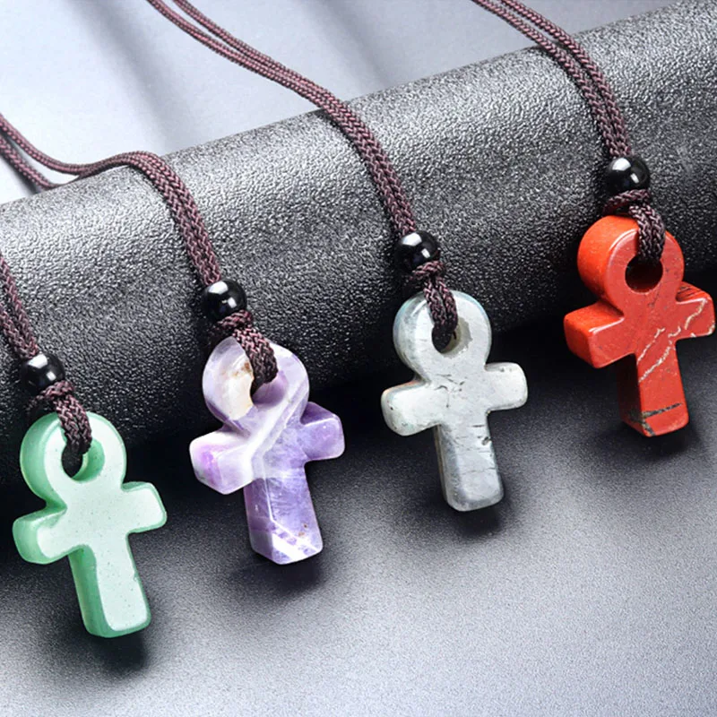 Ancient Egyptian Ankh Cross Engraved Natural Agate Stone Amulet Pendant Necklace Adjustable Wave Necklaces for Unisex