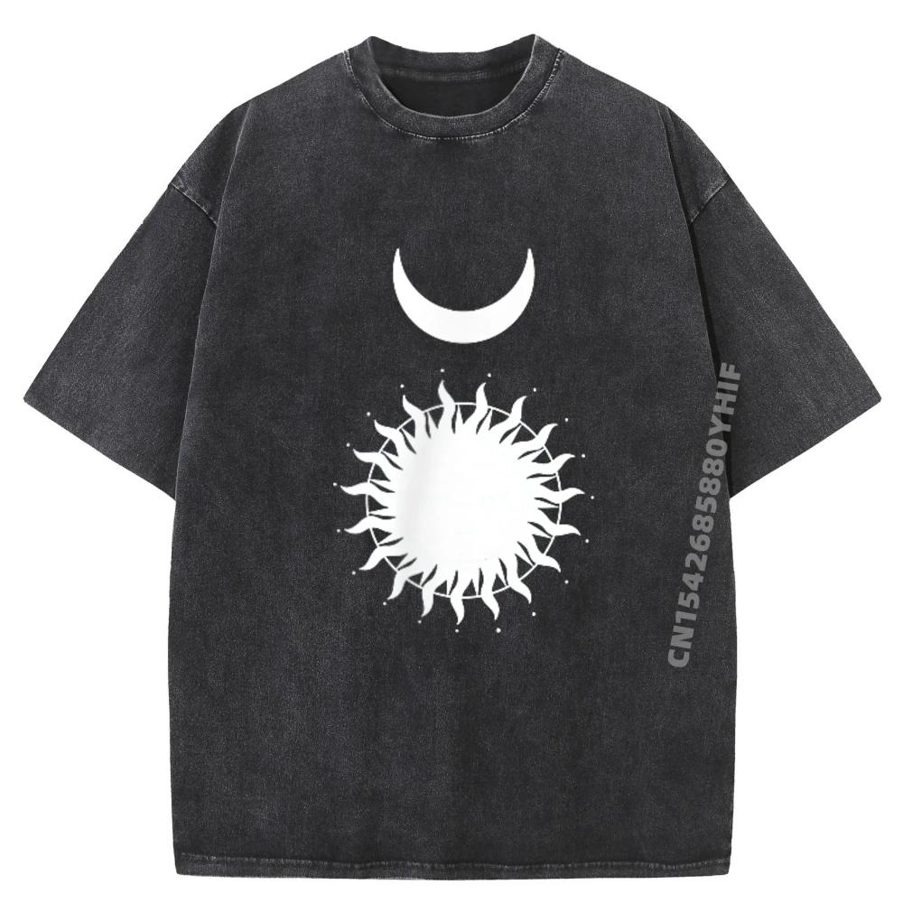 

Sun With Crescent Moon Celestial Gothic Lunar Pocket Witchy Oversized T Shirt Men Classic Washed Shirt Man Tops