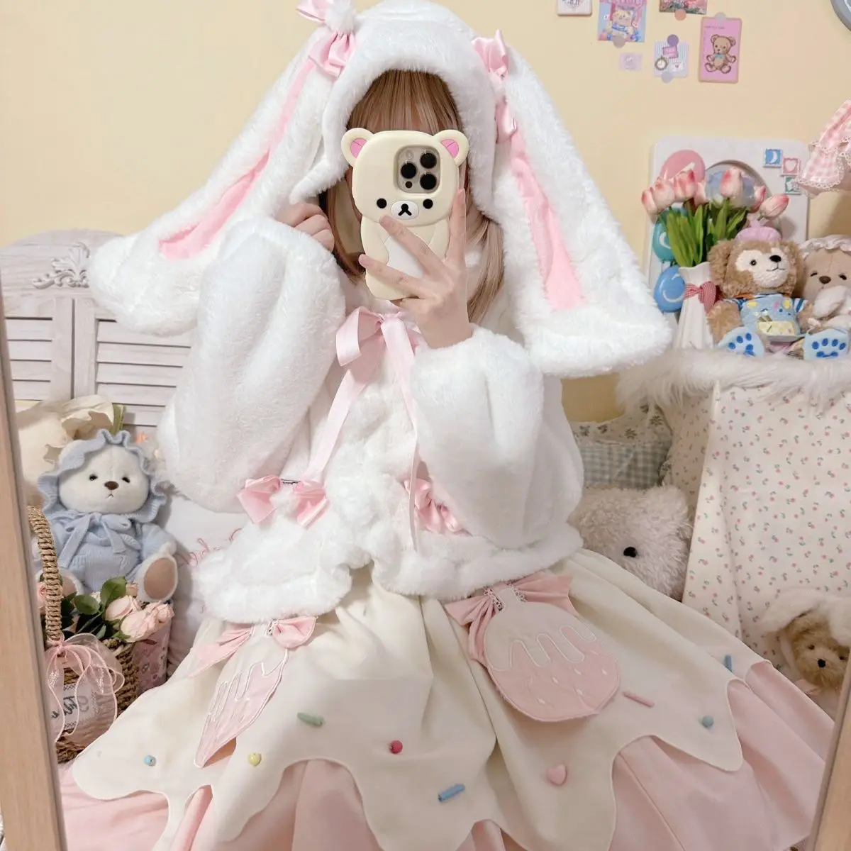 Coalfell Original Rabbit Ear Sweet Pink Bow Lolita Short Plush Coat Cute JK Student Autumn/Winter Lolita