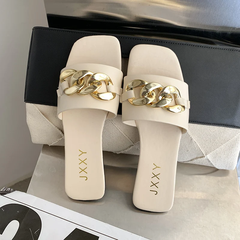 2024 New Fashion Women's Slippers Square Toe Chain Slippers Flat Slide Sandals Beach Flip Flops Metal Decoration Casual Shoes image 2