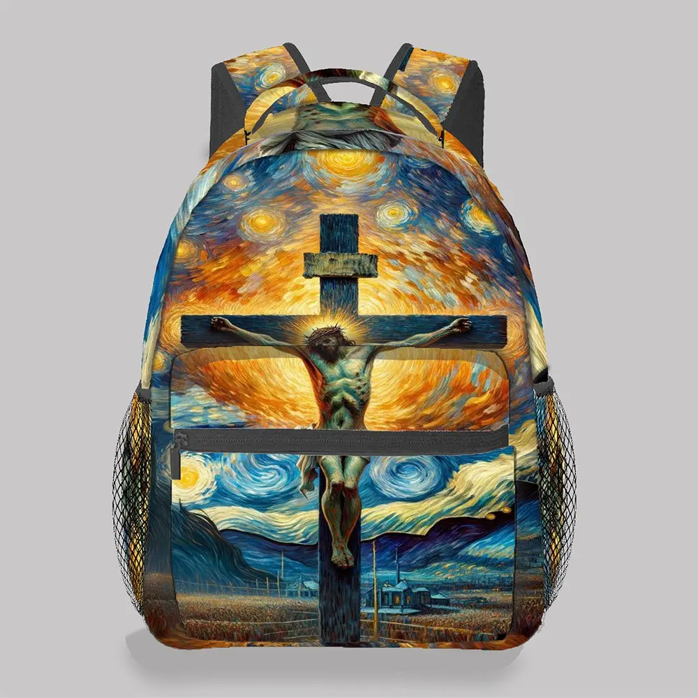 Unisex Large Capacity Backpack with Starry Night & Christ on Cross Design Lightweight School Backpack Adjustable Straps Zipper