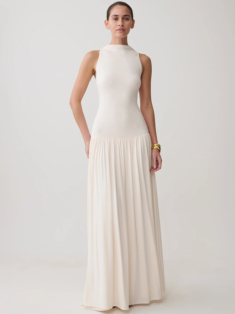 Mozision Women Sleeveless High Neck Sexy Maxi Dress Pleated Long Dress Elegant Drop Waist Club Party Evening Long Dresses