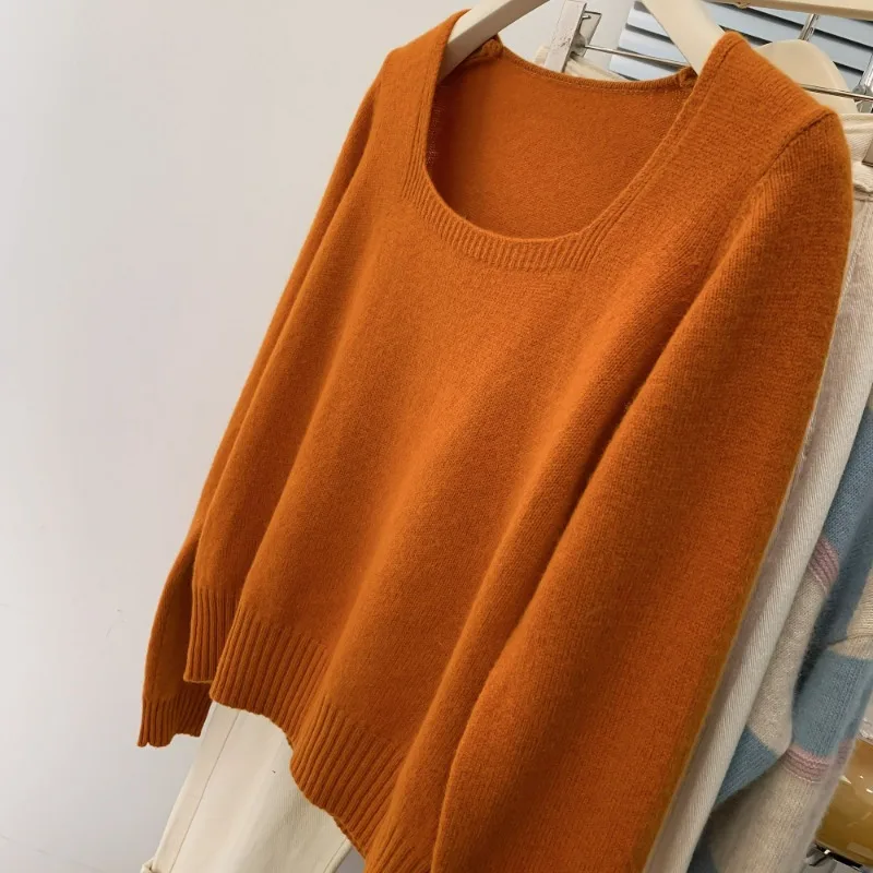 Casual Maillard Style Square Neck Knitted Women's Autumn Soft Sweater Pullover 2024 New Commuter Chic Long Sleeve Top