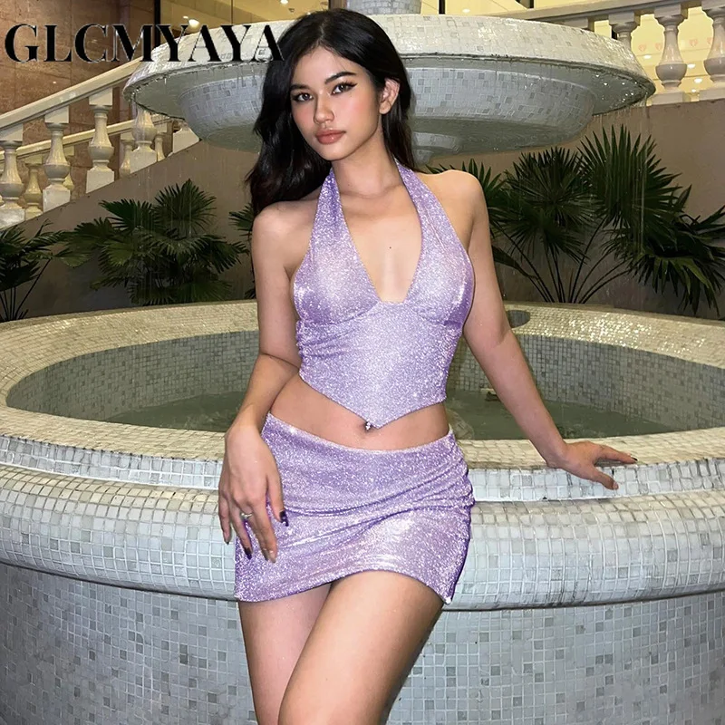 

GLCMYAYA Women Neck-mounted Bright Silk Sleeveless Crop Tops Dress Sets 2023 Hotsweet Sexy & Club Party Night Skirts 2 Piece Set