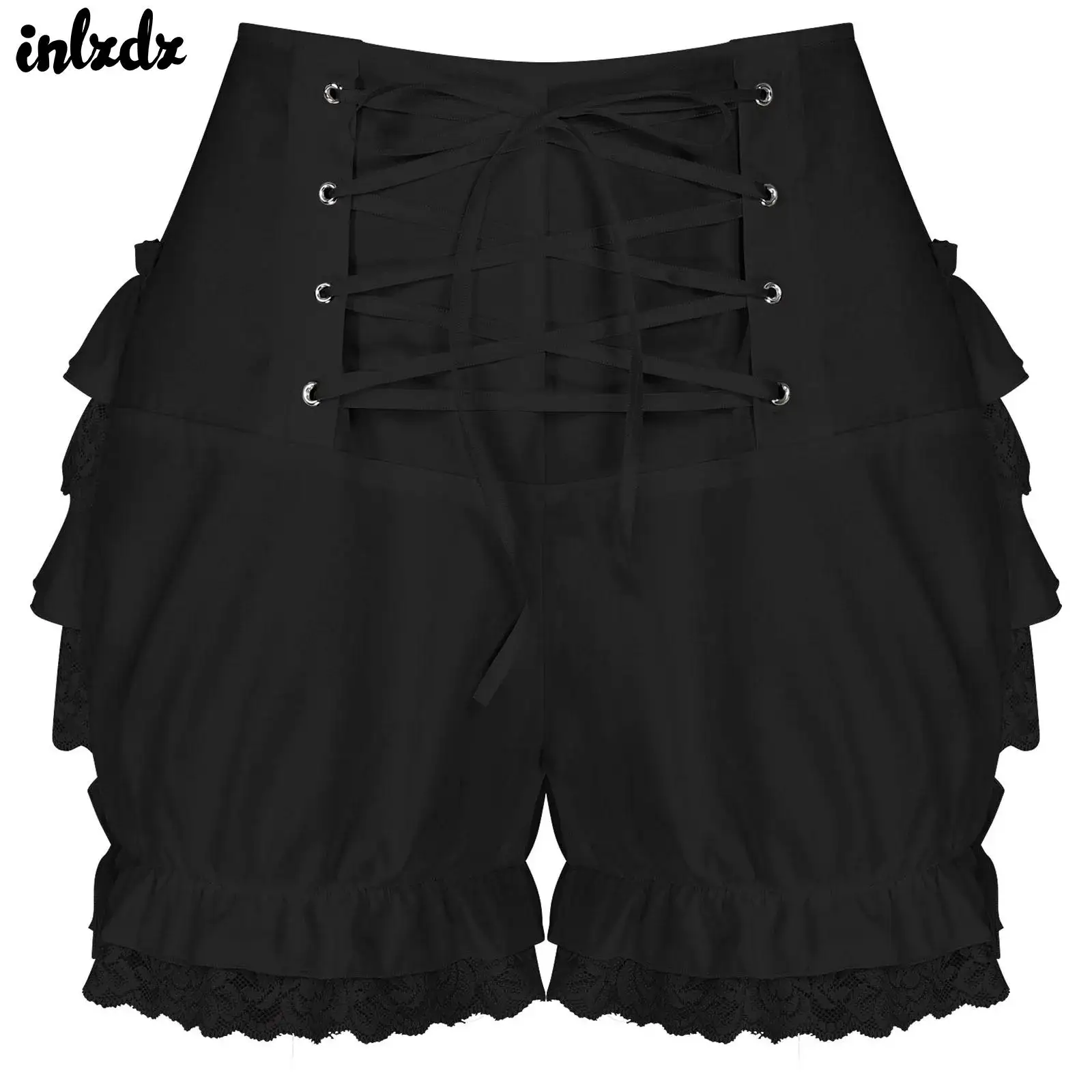 Womens Lolita Booty Shorts Cosplay Maid Cosplay Outfit Lace-Up Frilly Shorts Role Play Costume Tiered Ruffle Lace Trim Bloomers