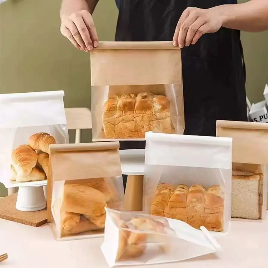 10pcs Kraft Paper with Window Bread Packaging Bags Oil-proof Breakfast Cookie Breat Supplies Party Food Toast Clear Celebrate