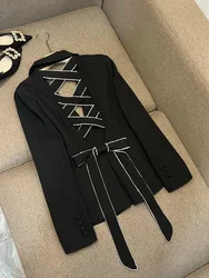 Suit Collar Sexy Strap Backless Diamond Black Blazer Mujer Vintage Fashion Korean Top Y2k Jacket Women Femme Coats