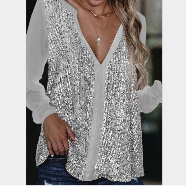 2023 Fashion Sequin Shirt Women Sexy Casual Long Sleeve Fall Streetwear Blouse Business Ldaies Loose Tops