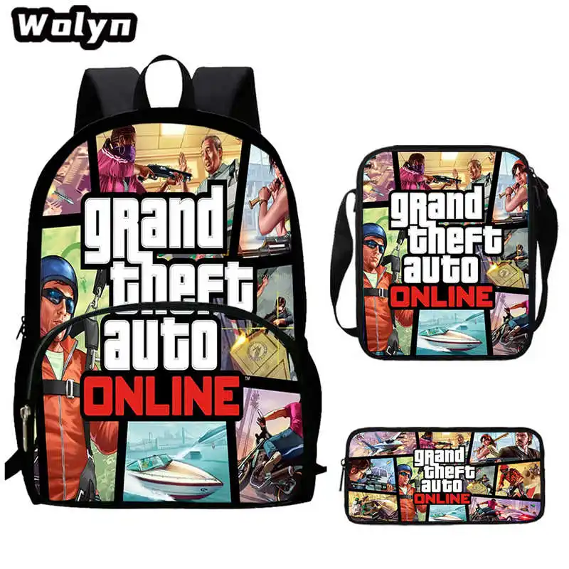 3pcs Set Grand Theft Bags Auto School Backpack with Shoulder Bags Pencil Case for Grade 1-5 ,Large Cartoon School Bags for Pupil