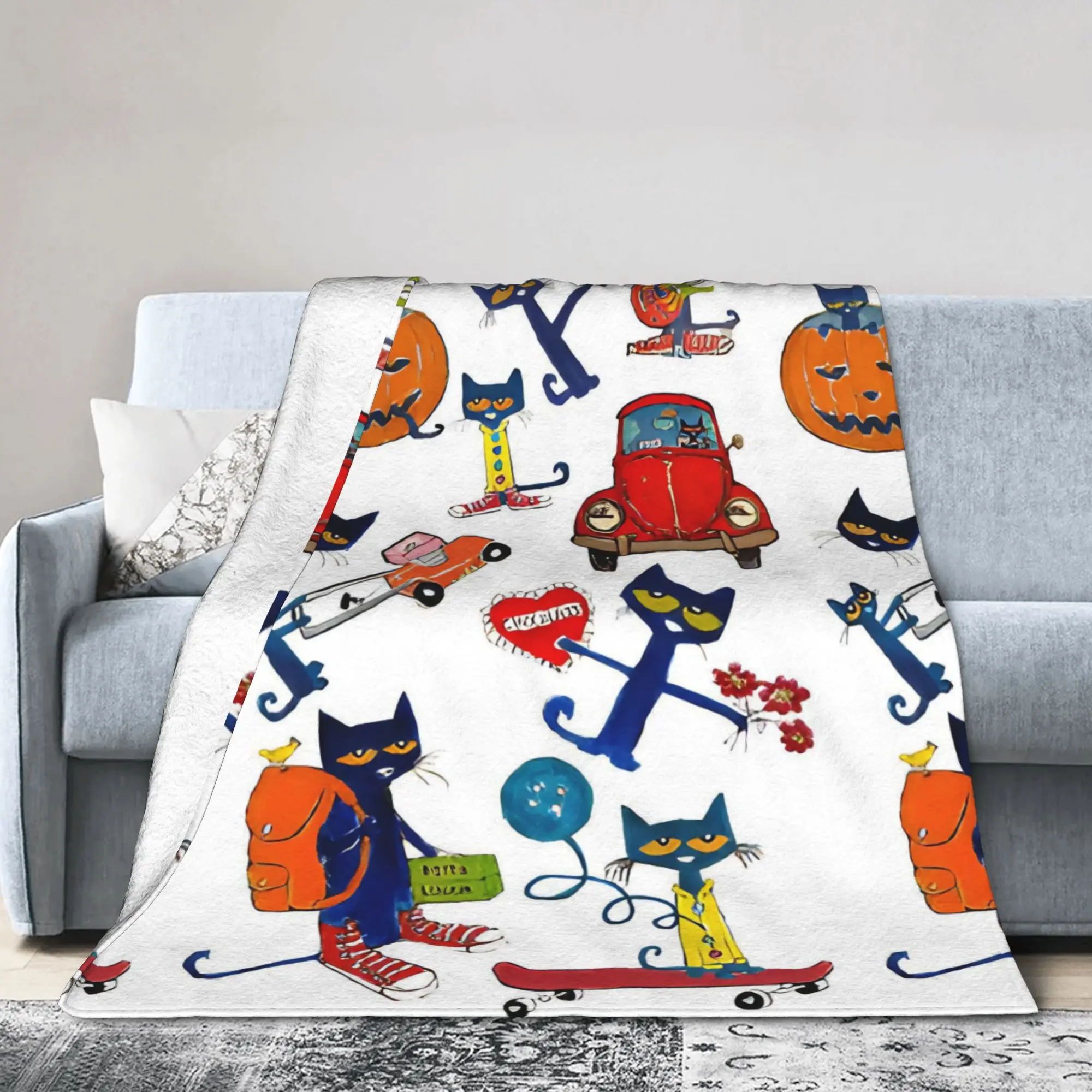 Pete the Cat Cartoon Flannel Blanket Groovy Cat Fashion Throw Blankets for Bed Sofa Couch 150*125cm Quilt,