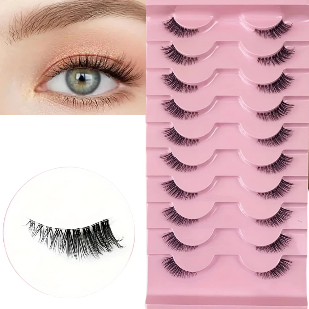 10 Paar halbe Wimpern, transparentes Band, natürliche und schlanke Katzenaugenwimpern
