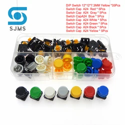 70 Pcs = 35 Set Tactile Push Button Switch Momentary 12*12*7.3mm Micro Switch Button + A24 Color Round Tact Cap 7 colors