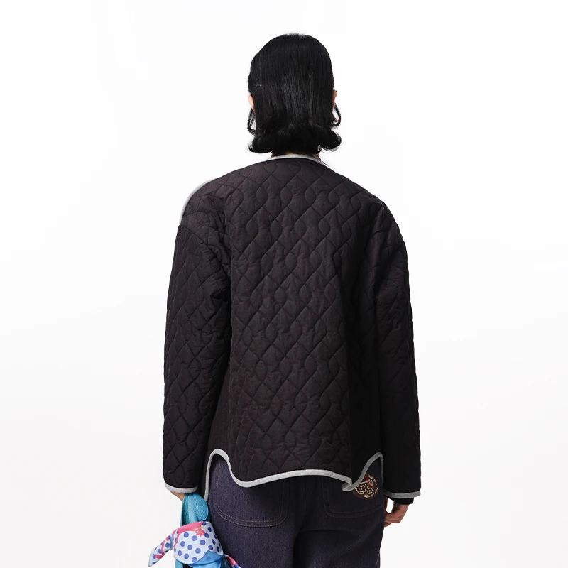 MOVEUP Long Sleeved Round Neck Jacket Autumn Cartoon Letter Cat Embroidery Pocket Contrasting Color Coat For Women 3EWQ20978