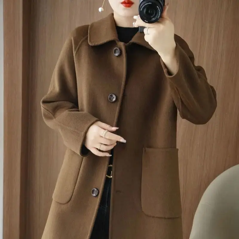 Plus Size Women's Double-Faced Woolen Coat Mommy Style Winter Fashion Doll Collar Slim Fit Loose Out