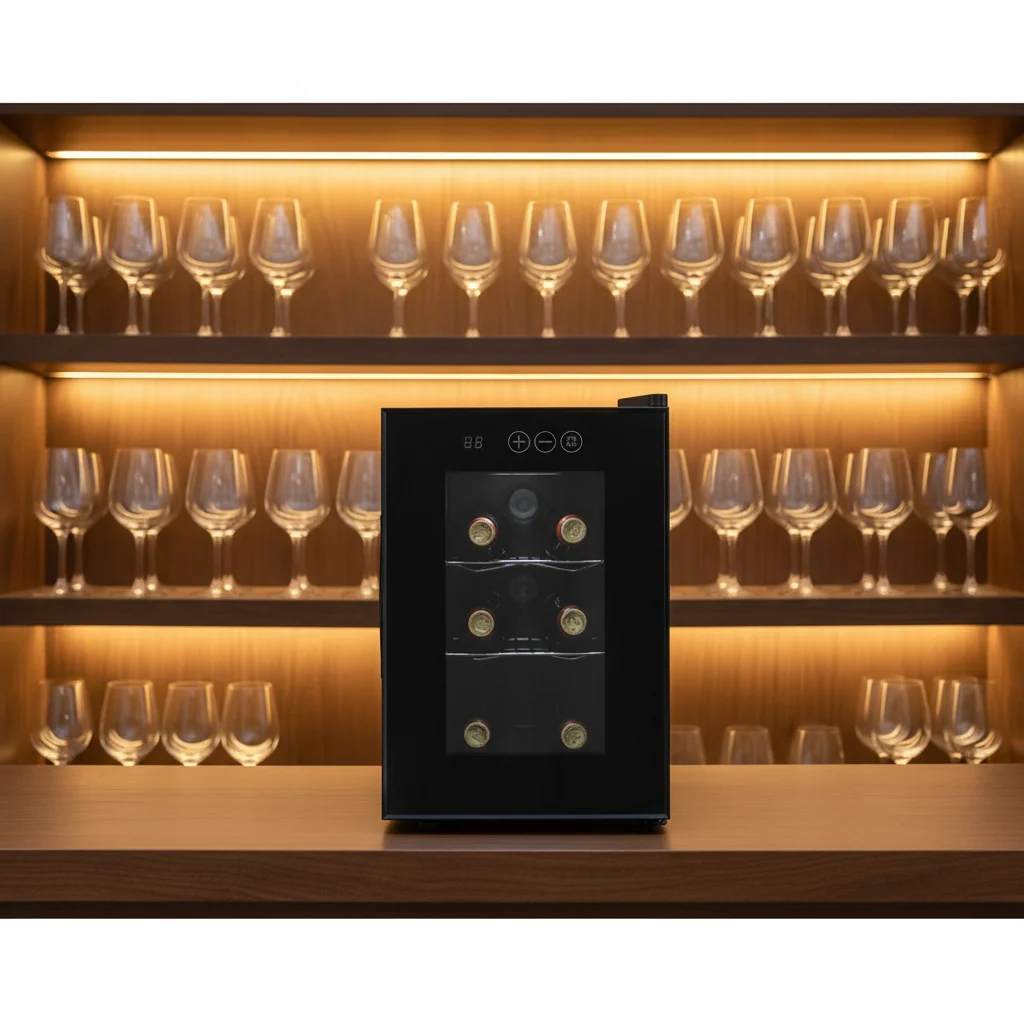 Compact Stainless Steel Electric Wine Cooler Cabinet Freestanding Glass Door 6 Bottle Capacity Beverage Chiller Hotel Car