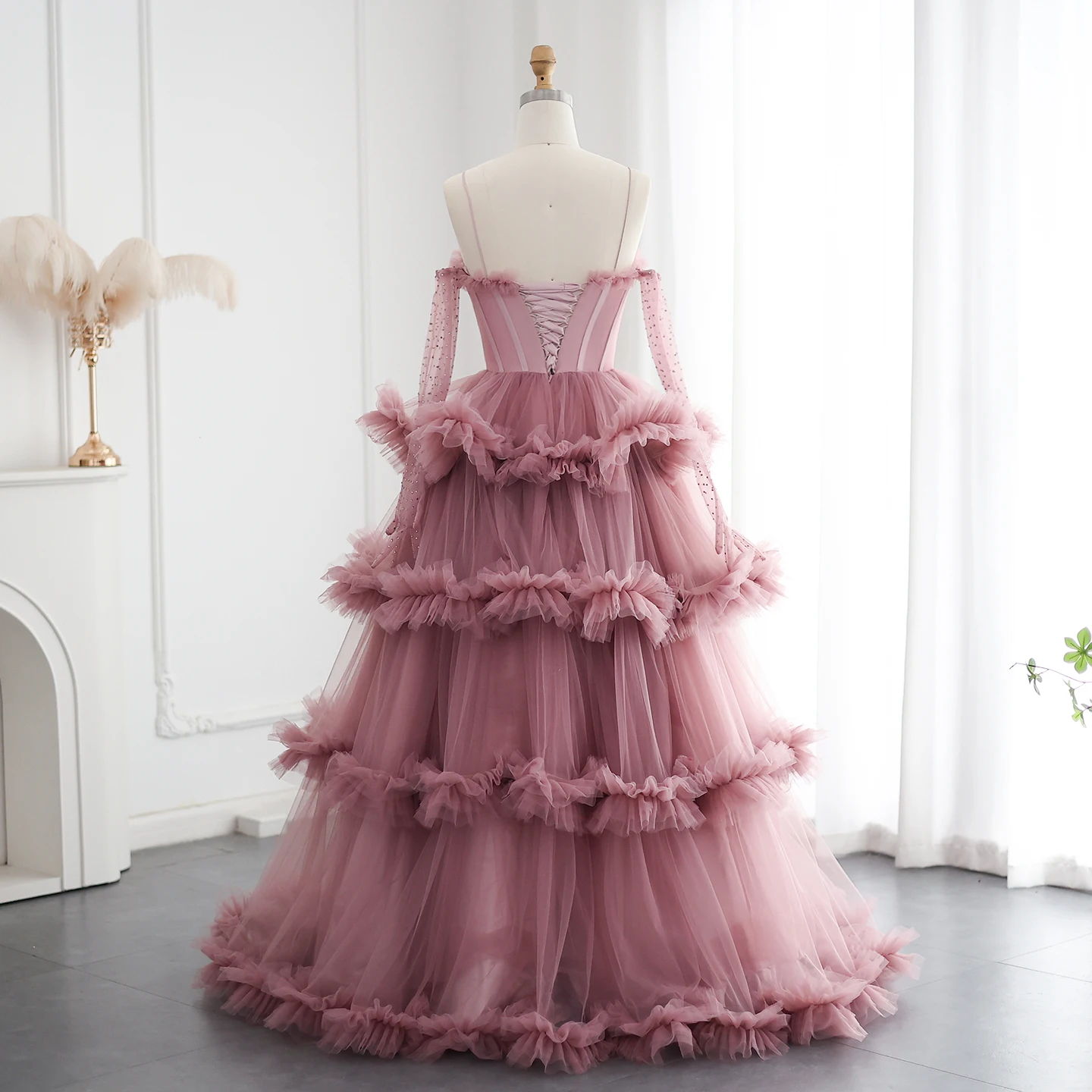 Sharon Said – robe de soirée en Tulle bordeaux, à volants à plusieurs niveaux, avec gants, bretelles Spaghetti roses, robes de soirée de mariage, personnalisées, SF472