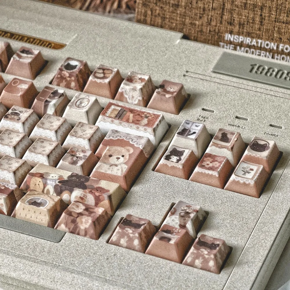 MAIMOOO Keycaps Meilad Kitty Meow ute Cherry Pbt Keycaps 133 Key Retro Khaki Lace Lace Countryside Style Keycaps