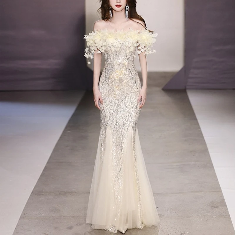 Elegant Prom Dress for Women Evening Party Off The Shoulder Sleeveless Fishtail Skirt Sequins Heavy Industry Banquet