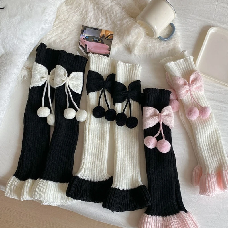 

Мягкие акриловые гетры с бантиками в стиле аниме, эластичные сложенные носки для женщин, носки с рукавами, зимние модные аксессуары