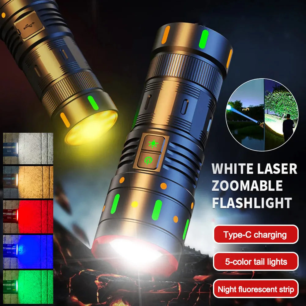 5in1 Super Bright Flashlight Zoom Geen/Blue/Red/Yellow/White Light Rechargeable Multi-function  Led Long-range Spotlight Torch
