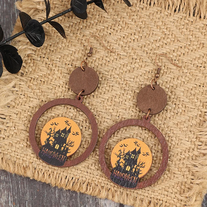 New Halloween Vintage Ring Joint Round Printed Haunted Castle Wooden Charm Women's Earrings