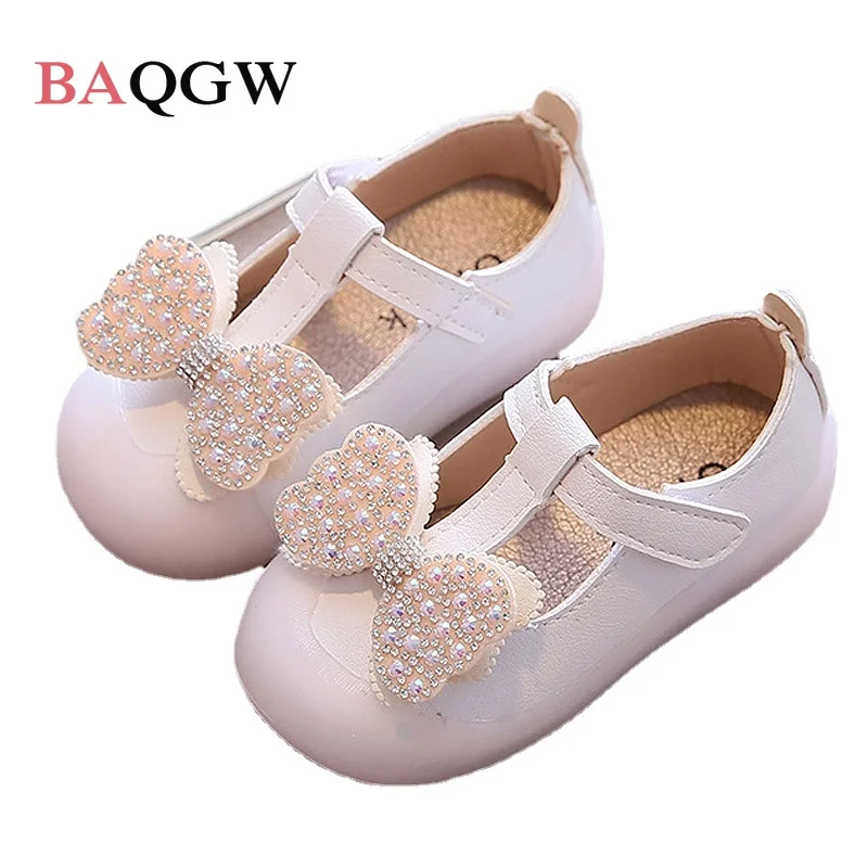 

Girls Wedding Shoes Bridal Crystal T Strap Toddlers Bowtie Bling Princess Shoes White Baby Child Kids Anti-Slippery Party Shoes