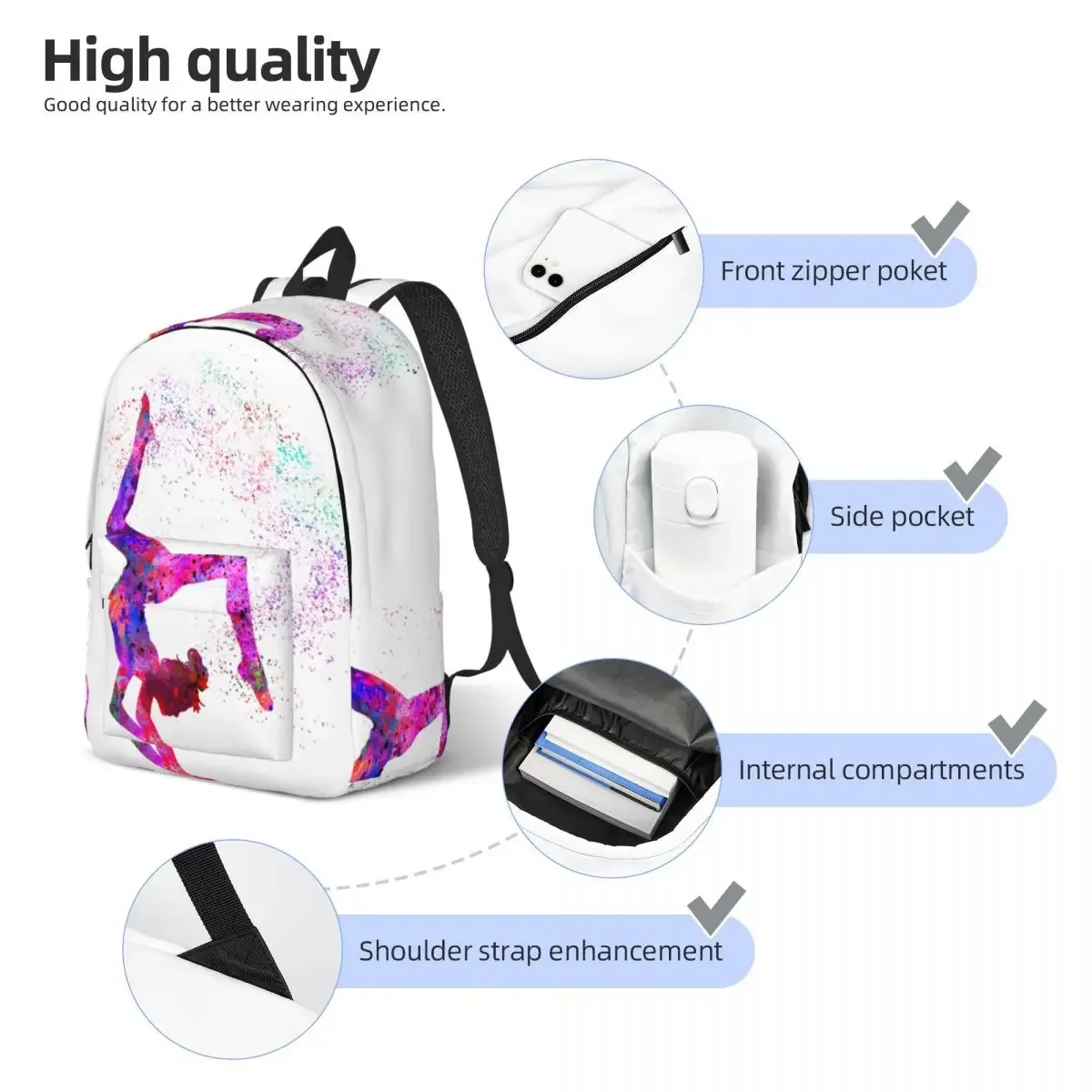 Gymnastics Girl Backpack Teen Gift Watercolor Gymnastics Hiking Backpacks Teen Fashion School Bags Design Soft Rucksack