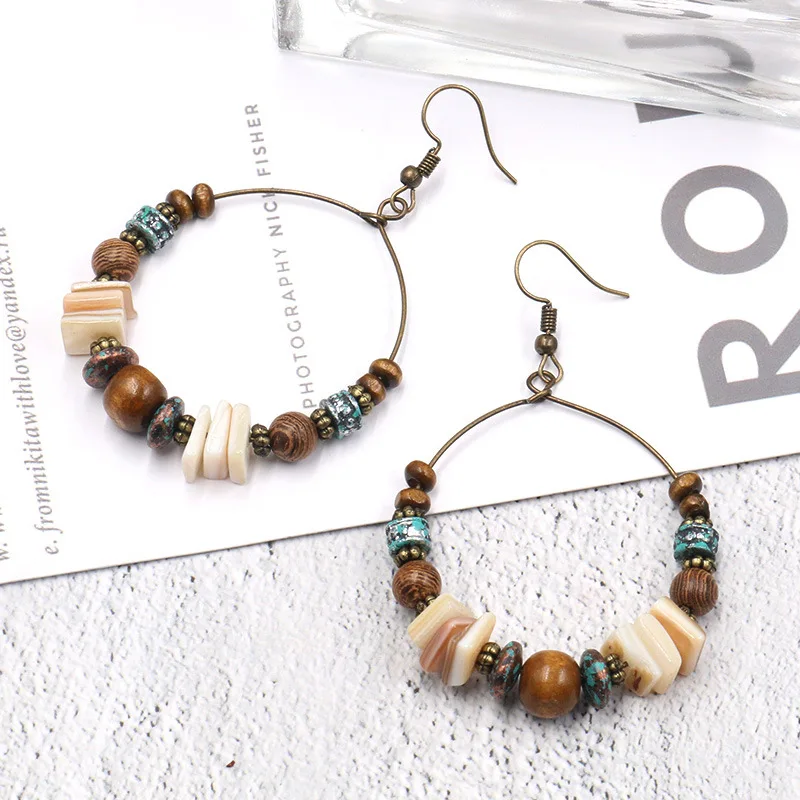 Fashion Bohemian Handmade Beaded Earrings For Women Vintage Shell Wooden Beads Large Hoop Earrings Jewelry